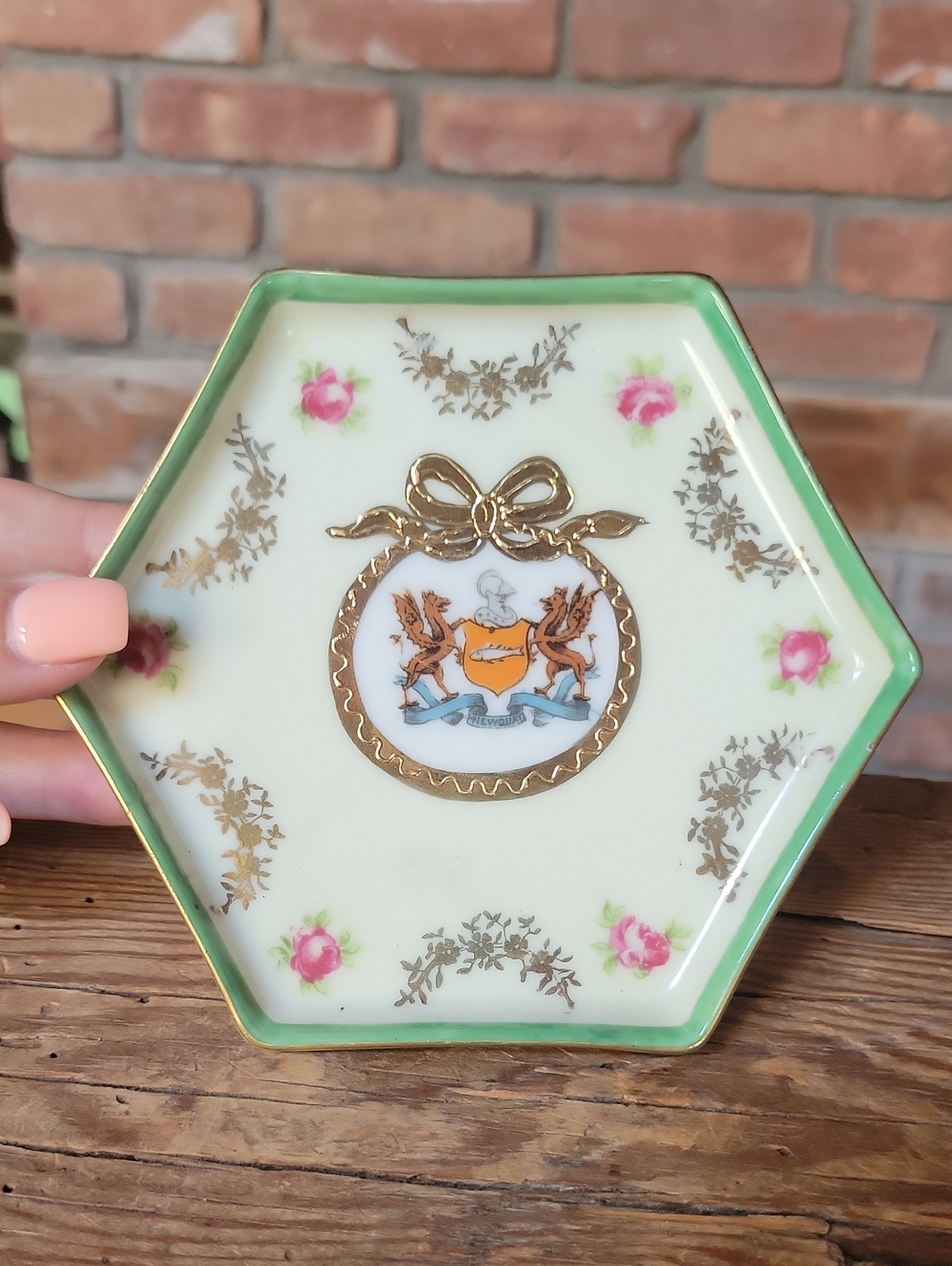 Vintage Victoria Ware Hexagon Trinket Dish Crest Floral Gold Trim 8995